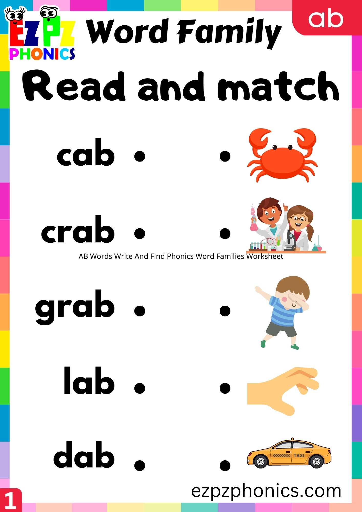 AB Words Read And Match Phonics Word Families Worksheet